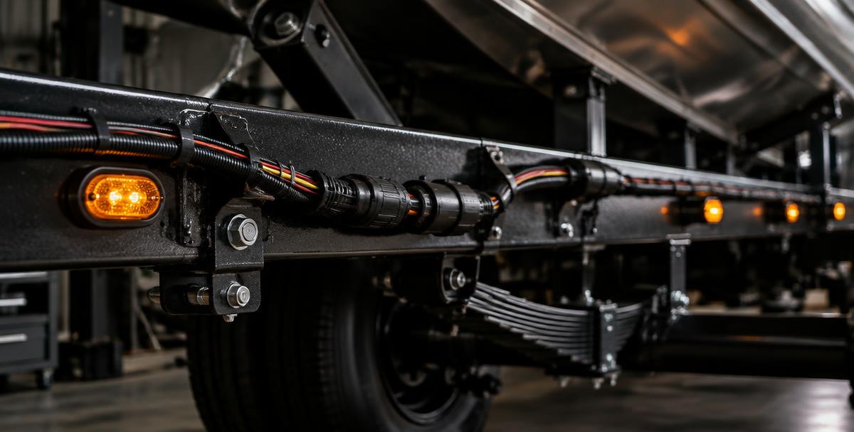 Freshly spliced trailer wiring harness with heat-shrink sealed connections running along a steel trailer frame
